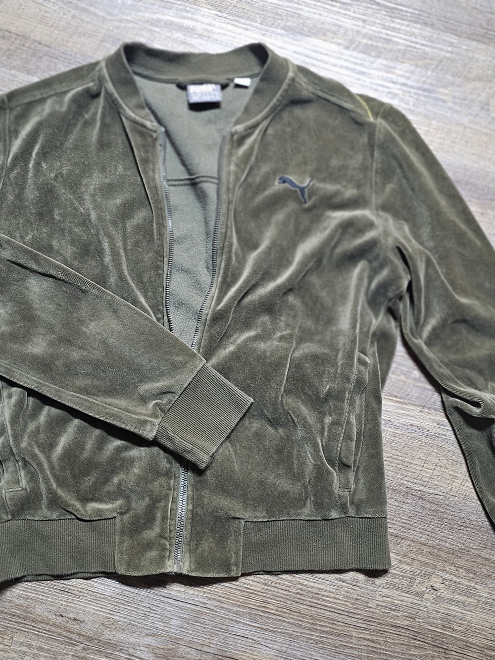 Puma Olive Green Velour Bomber Jacket with Embroidered Logo